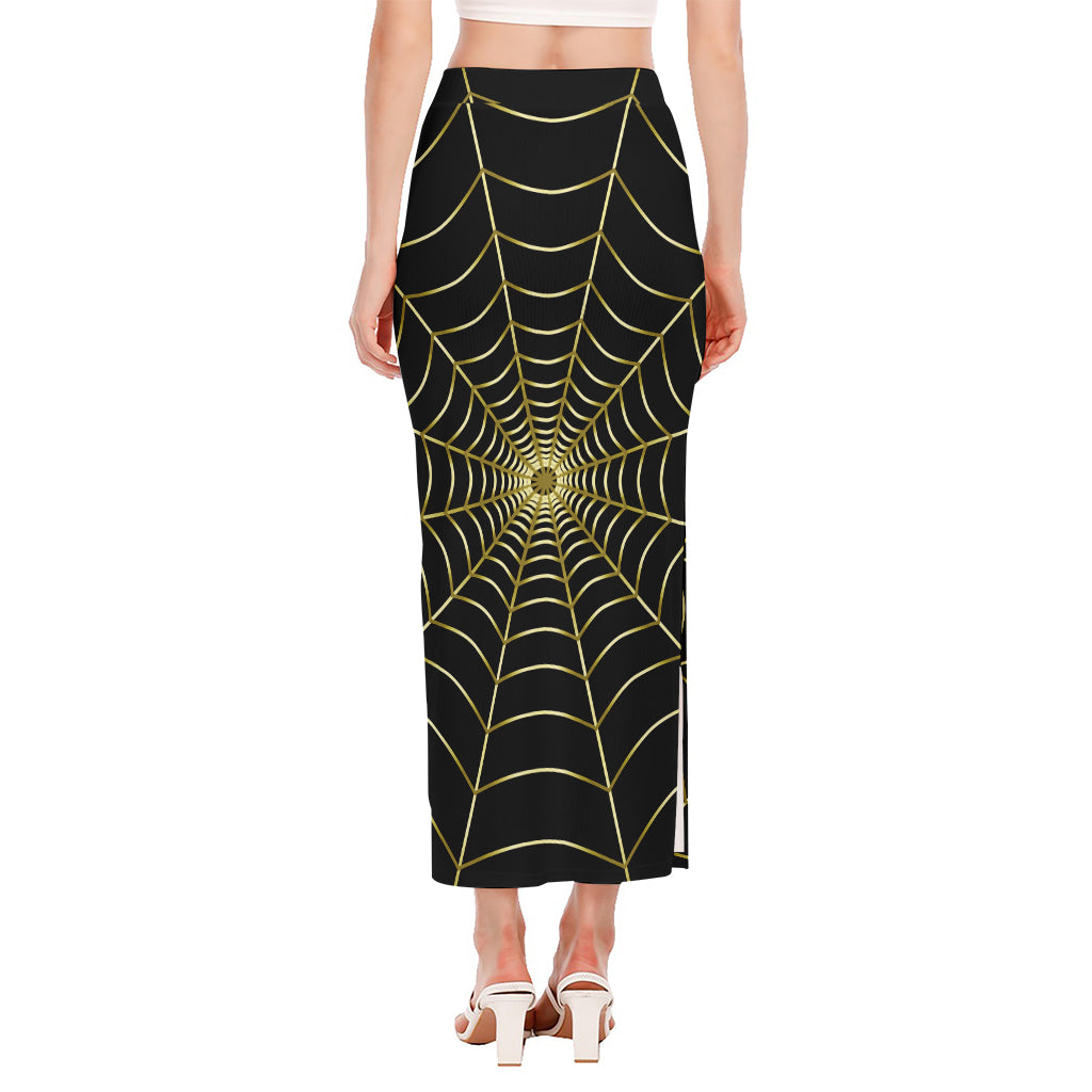 Yellow Cobweb Print Side Slit Maxi Skirt