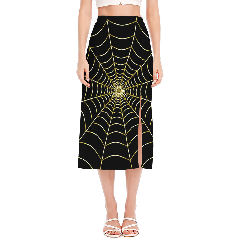 Yellow Cobweb Print Side Slit Midi Skirt