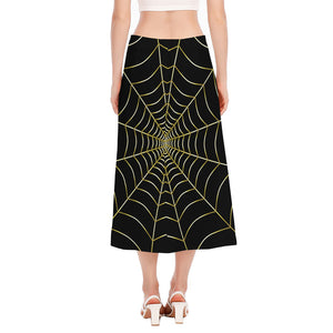 Yellow Cobweb Print Side Slit Midi Skirt