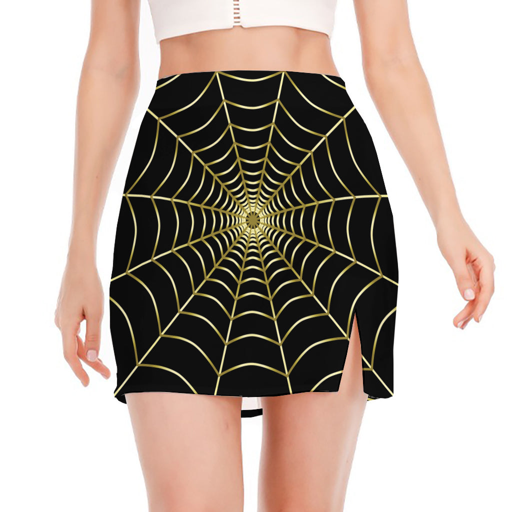 Yellow Cobweb Print Side Slit Mini Skirt