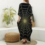 Yellow Cobweb Print Silk V-Neck Kaftan Dress