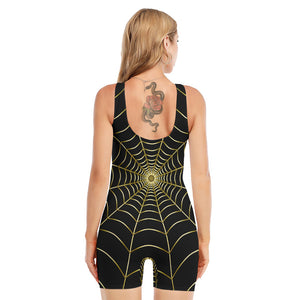 Yellow Cobweb Print Sleeveless One Piece Swimsuit