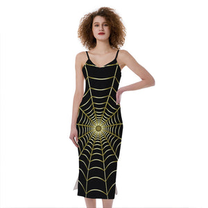 Yellow Cobweb Print Slim Fit Midi Cami Dress