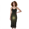 Yellow Cobweb Print Slim Fit Midi Cami Dress