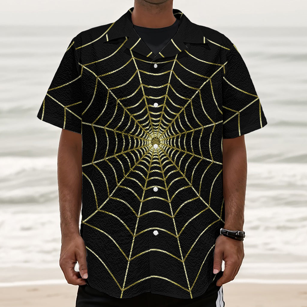 Yellow Cobweb Print Textured Short Sleeve Shirt