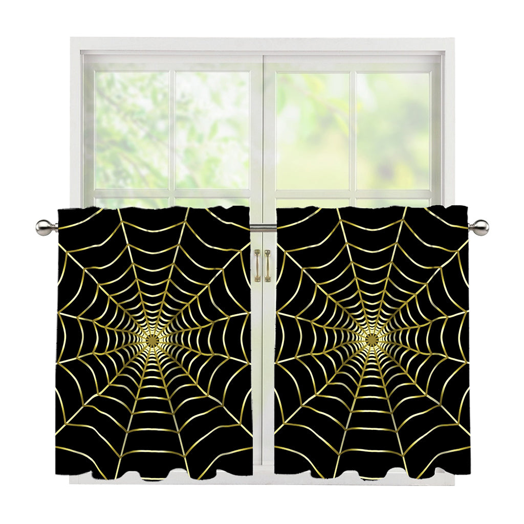 Yellow Cobweb Print Tier Curtains