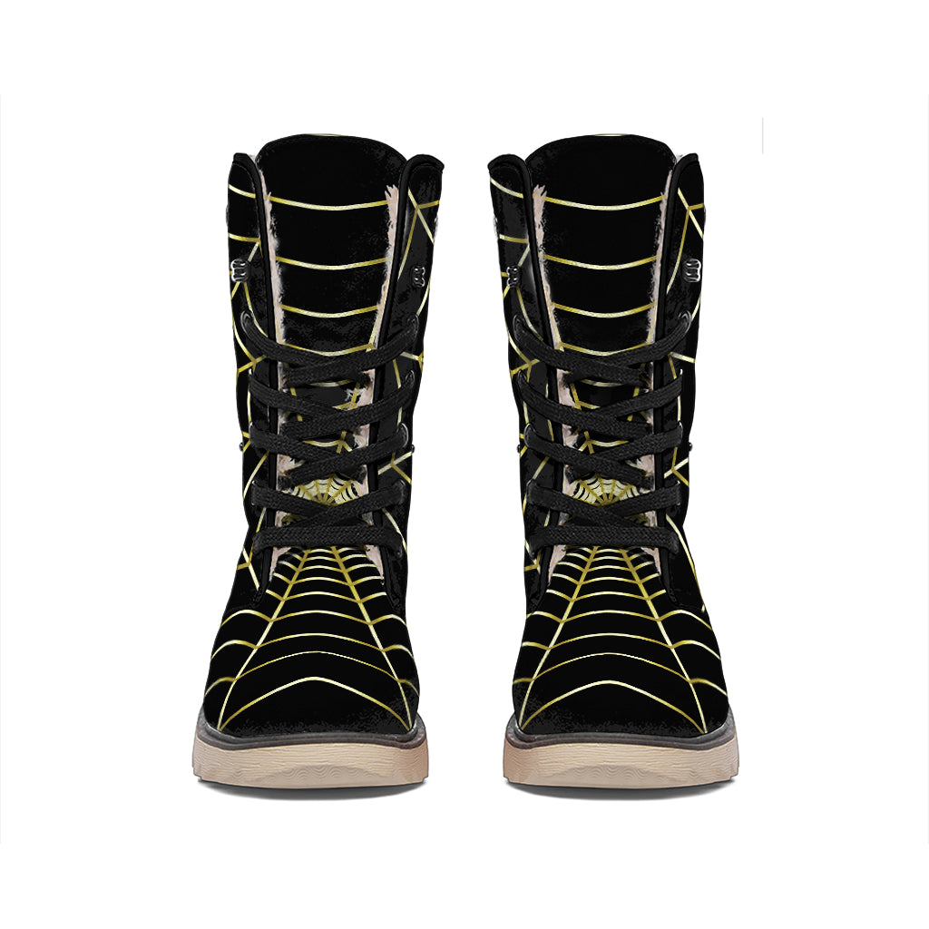 Yellow Cobweb Print Winter Boots