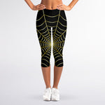 Yellow Cobweb Print Women's Capri Leggings