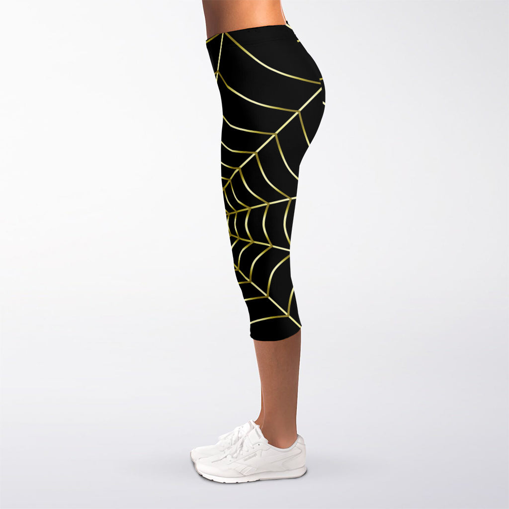 Yellow Cobweb Print Women's Capri Leggings