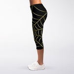 Yellow Cobweb Print Women's Capri Leggings