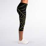 Yellow Cobweb Print Women's Capri Leggings