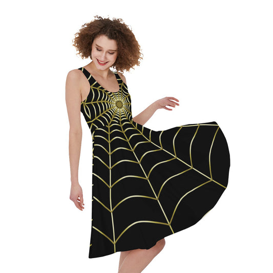 Yellow Cobweb Print Women's Sleeveless Dress