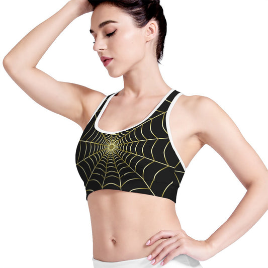 Yellow Cobweb Print Women's Sports Bra