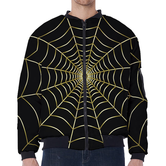 Yellow Cobweb Print Zip Sleeve Bomber Jacket