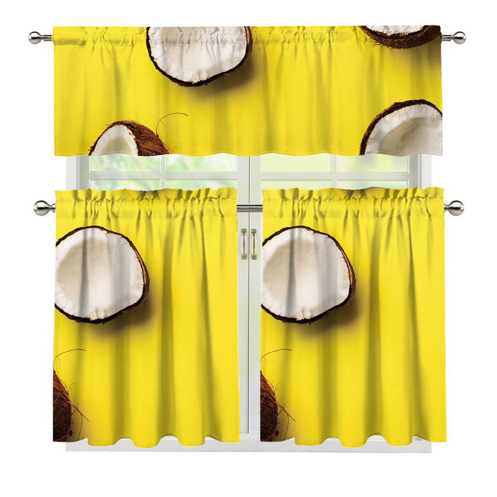 Yellow Coconut Pattern Print 3 Piece Kitchen Curtains