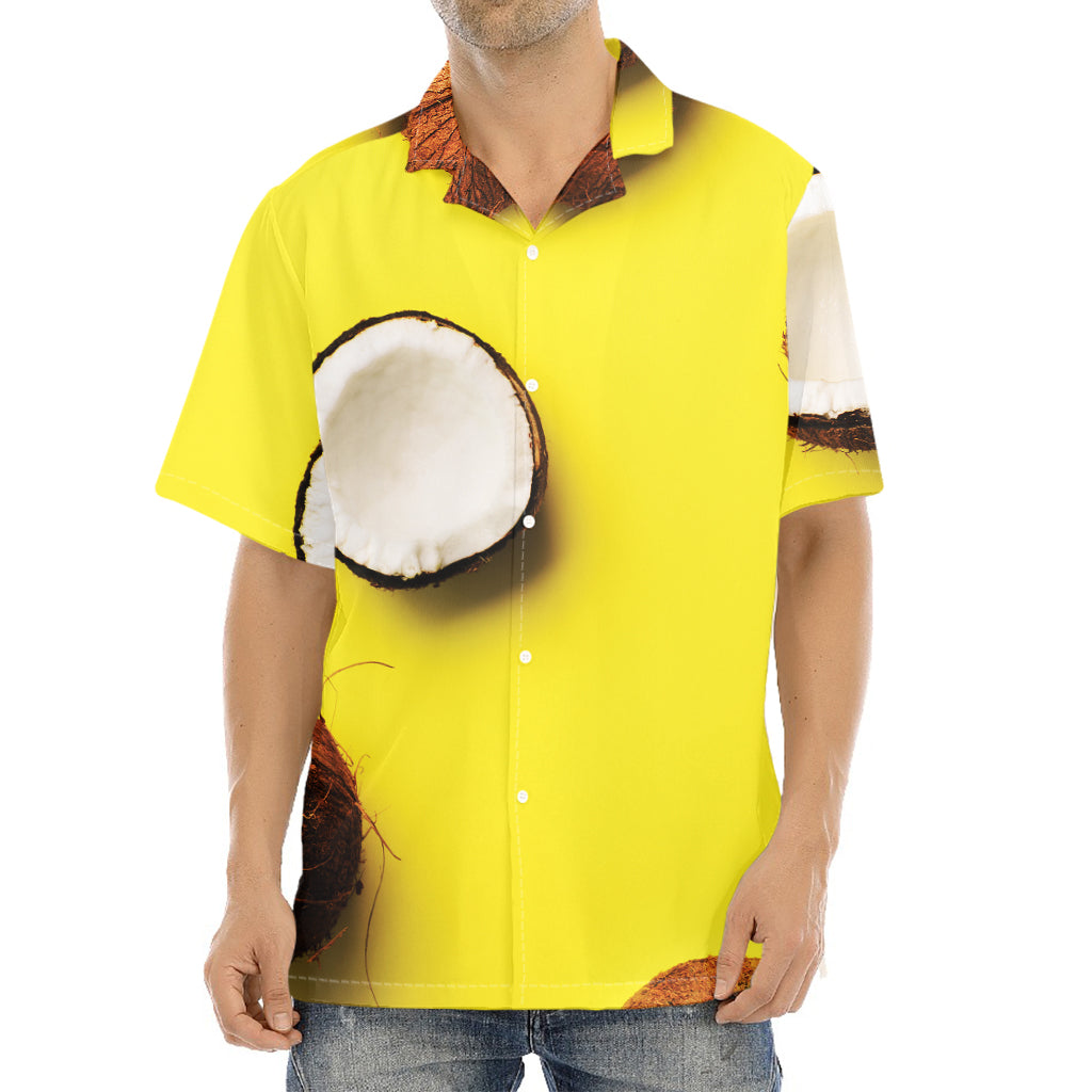 Yellow Coconut Pattern Print Aloha Shirt