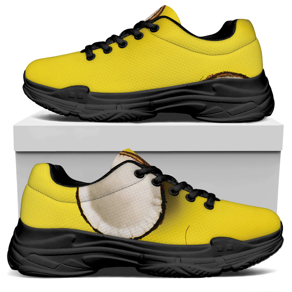 Yellow Coconut Pattern Print Black Chunky Shoes