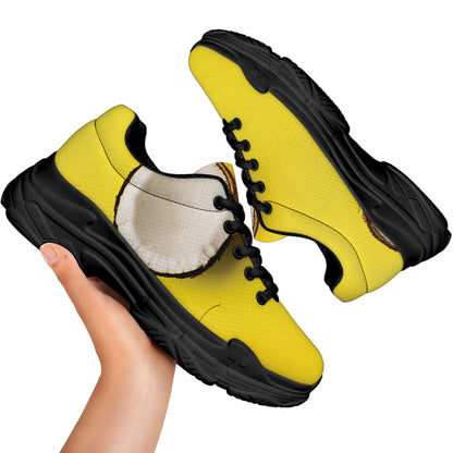 Yellow Coconut Pattern Print Black Chunky Shoes