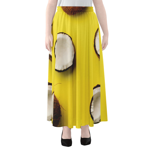 Yellow Coconut Pattern Print Chiffon Maxi Skirt