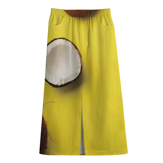 Yellow Coconut Pattern Print Cotton Front Slit Maxi Skirt
