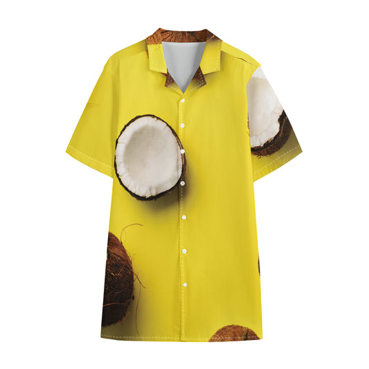 Yellow Coconut Pattern Print Cotton Hawaiian Shirt