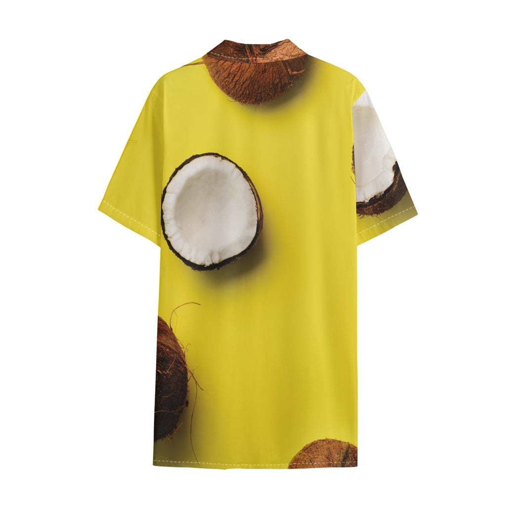 Yellow Coconut Pattern Print Cotton Hawaiian Shirt