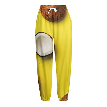Yellow Coconut Pattern Print Fleece Lined Knit Pants