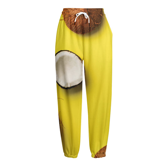 Yellow Coconut Pattern Print Fleece Lined Knit Pants