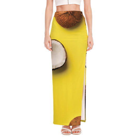 Yellow Coconut Pattern Print High Slit Maxi Skirt