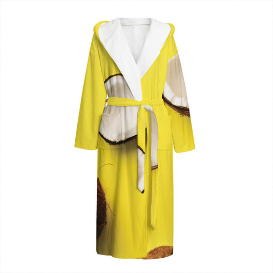 Yellow Coconut Pattern Print Hooded Bathrobe