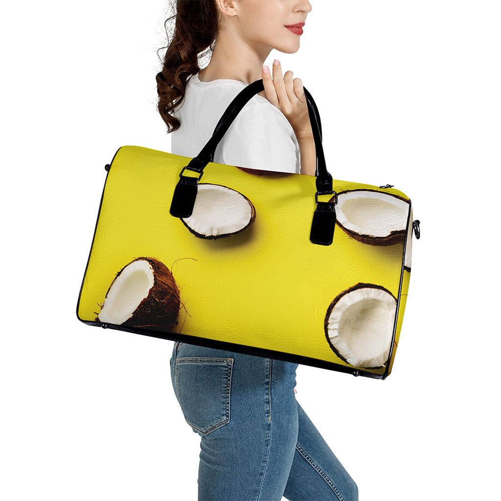 Yellow Coconut Pattern Print Leather Duffle Bag