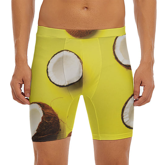 Yellow Coconut Pattern Print Men's Long Boxer Briefs