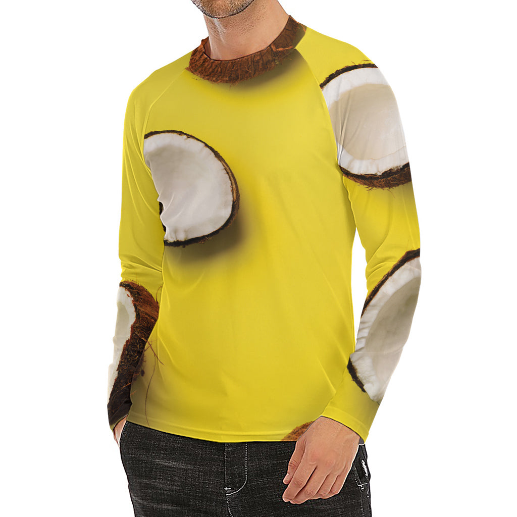 Yellow Coconut Pattern Print Men's Long Sleeve Rash Guard