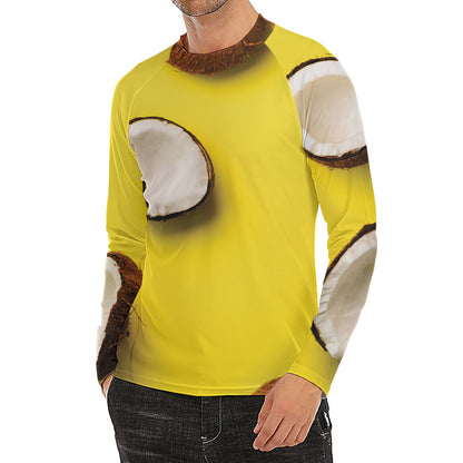 Yellow Coconut Pattern Print Men's Long Sleeve Rash Guard