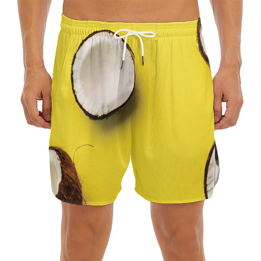 Yellow Coconut Pattern Print Men's Split Running Shorts