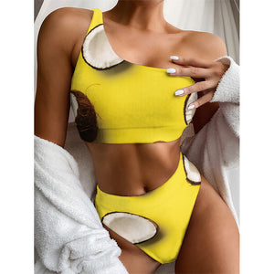 Yellow Coconut Pattern Print One Shoulder Bikini Top