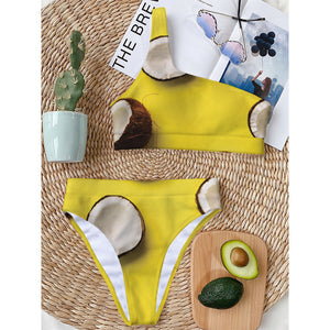 Yellow Coconut Pattern Print One Shoulder Bikini Top