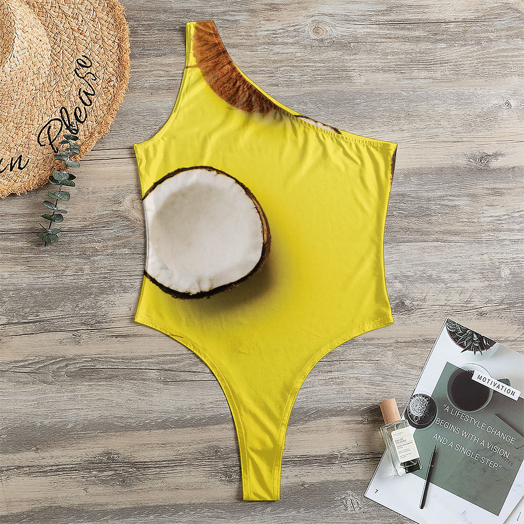 Yellow Coconut Pattern Print One Shoulder Bodysuit