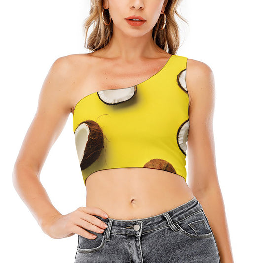 Yellow Coconut Pattern Print One Shoulder Crop Top