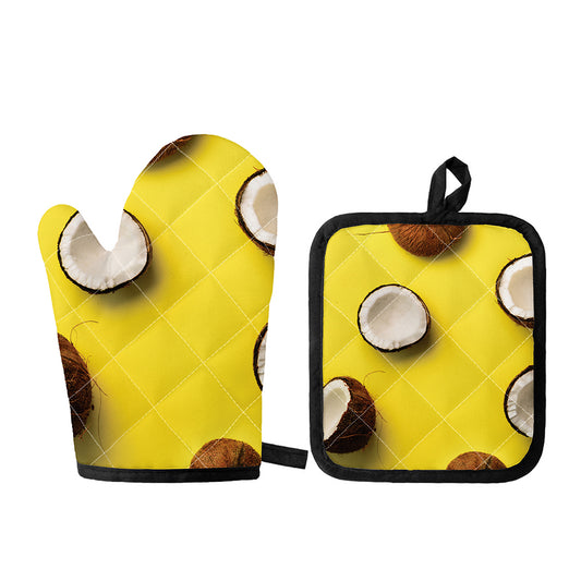 Yellow Coconut Pattern Print Oven Mitt And Pot Holder Set