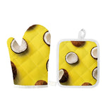 Yellow Coconut Pattern Print Oven Mitt And Pot Holder Set