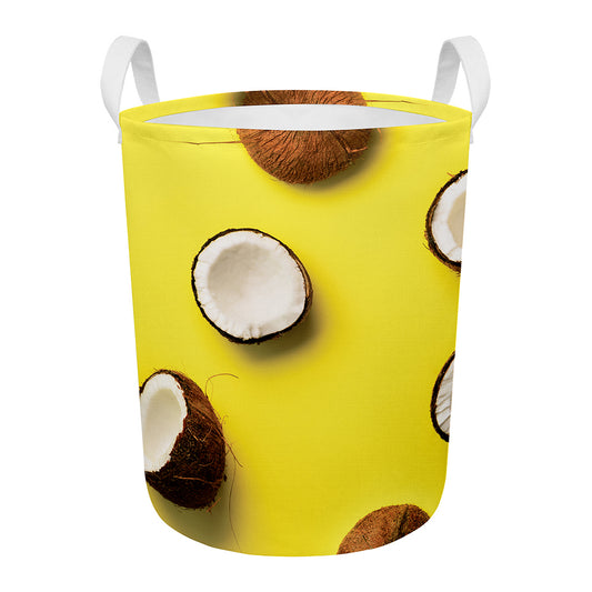 Yellow Coconut Pattern Print Round Laundry Basket