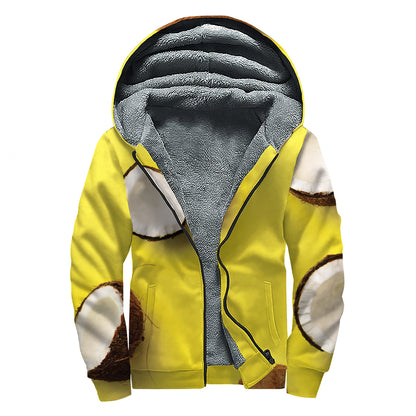 Yellow Coconut Pattern Print Sherpa Lined Zip Up Hoodie