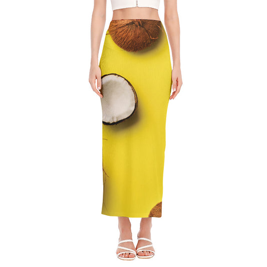 Yellow Coconut Pattern Print Side Slit Maxi Skirt