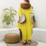 Yellow Coconut Pattern Print Silk V-Neck Kaftan Dress