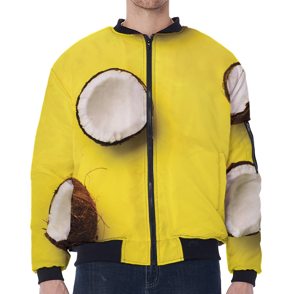 Yellow Coconut Pattern Print Zip Sleeve Bomber Jacket