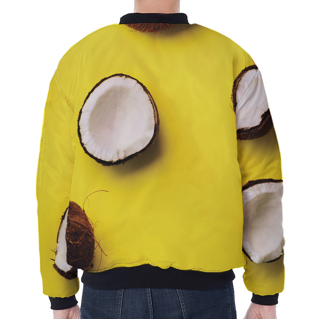 Yellow Coconut Pattern Print Zip Sleeve Bomber Jacket