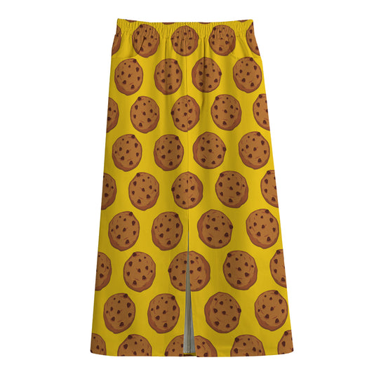 Yellow Cookie Pattern Print Cotton Front Slit Maxi Skirt
