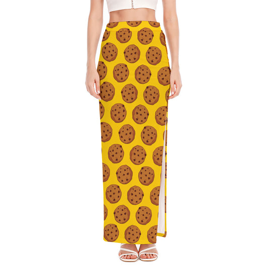 Yellow Cookie Pattern Print High Slit Maxi Skirt