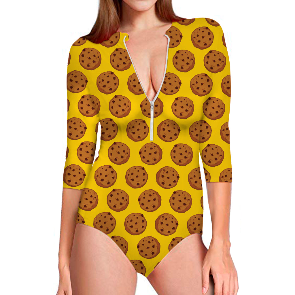Yellow Cookie Pattern Print Long Sleeve Swimsuit